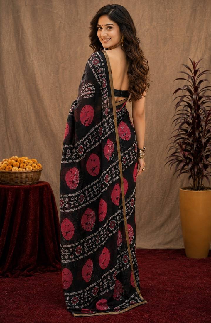 Black linen digital print work saree with unstitched blouse piece