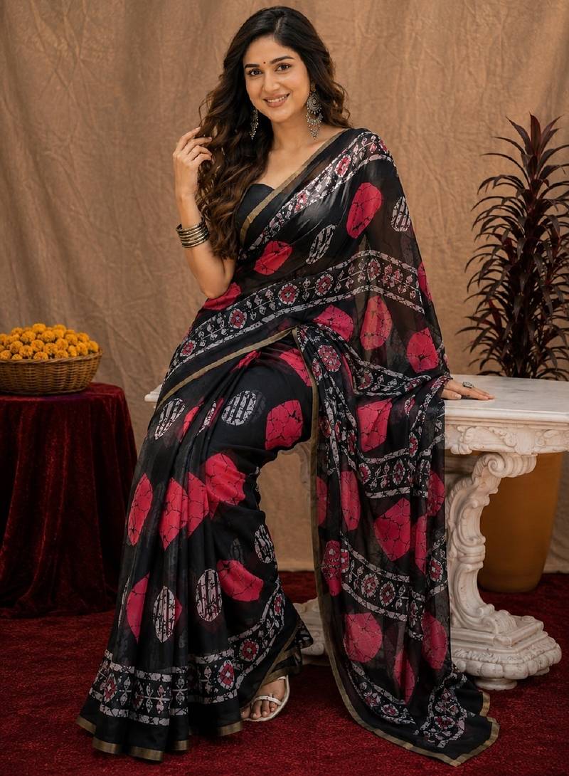 Black linen digital print work saree with unstitched blouse piece