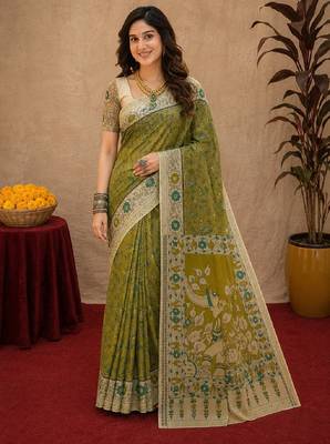 Mehendi green linen digital print work saree with unstitched blouse piece 1