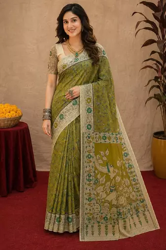 Mehendi green linen digital print work saree with unstitched blouse piece