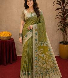 Mehendi green linen digital print work saree with unstitched blouse piece