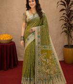 Mehendi green linen digital print work saree with unstitched blouse piece