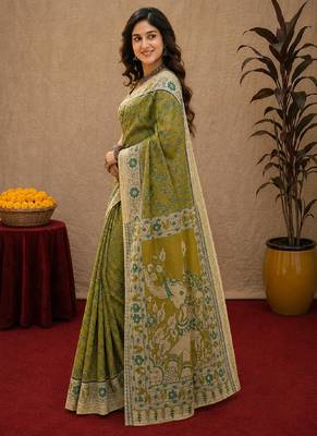 Mehendi green linen digital print work saree with unstitched blouse piece 2