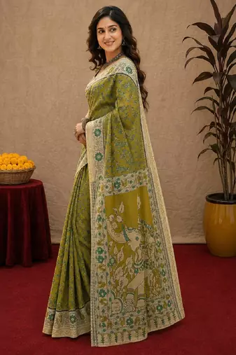 Mehendi green linen digital print work saree with unstitched blouse piece