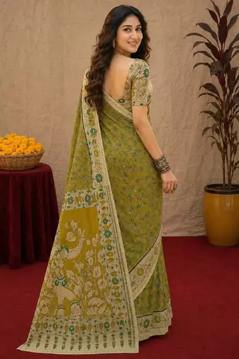 Mehendi green linen digital print work saree with unstitched blouse piece