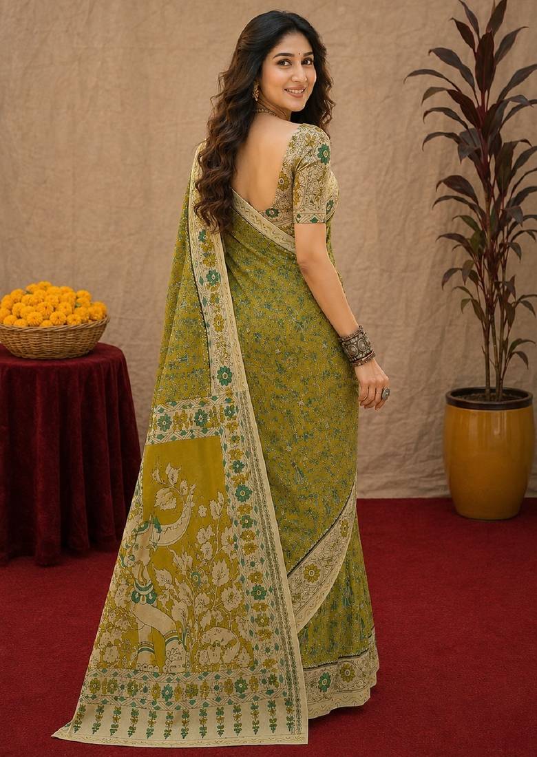 Mehendi green linen digital print work saree with unstitched blouse piece