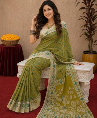 Mehendi green linen digital print work saree with unstitched blouse piece 4