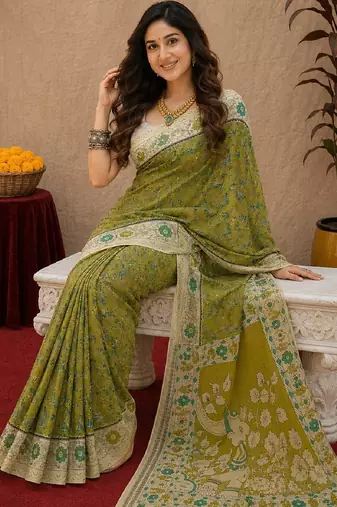 Mehendi green linen digital print work saree with unstitched blouse piece