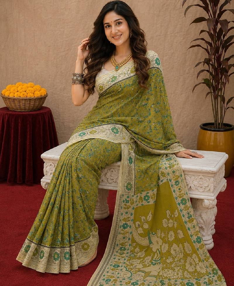 Mehendi green linen digital print work saree with unstitched blouse piece