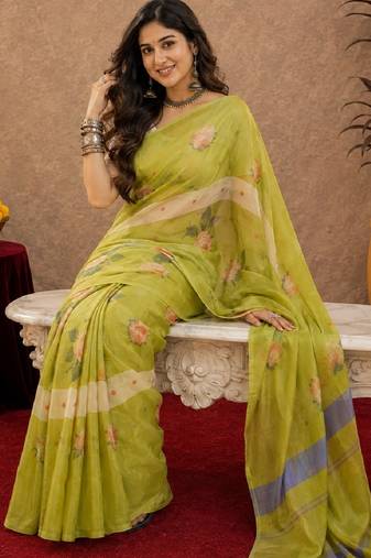 Parrot green linen digital print work saree with unstitched blouse piece