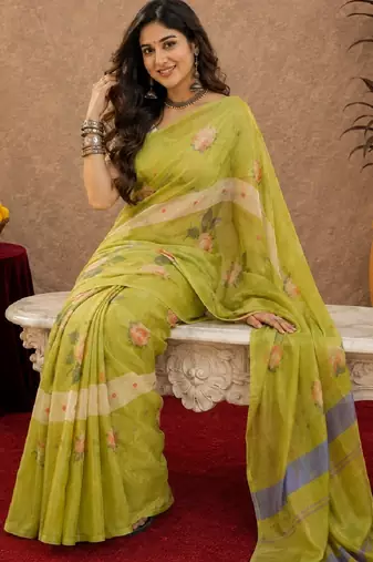 Parrot green linen digital print work saree with unstitched blouse piece