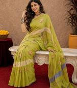 Parrot green linen digital print work saree with unstitched blouse piece