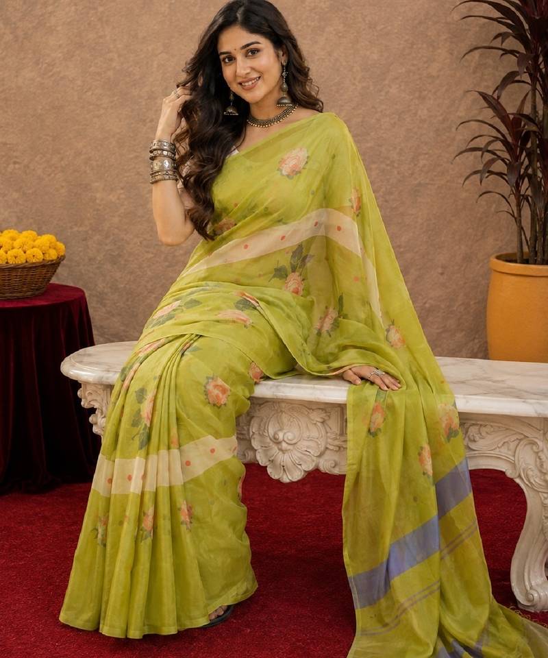 Parrot green linen digital print work saree with unstitched blouse piece