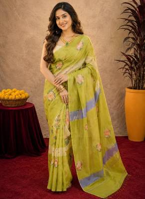 Parrot green linen digital print work saree with unstitched blouse piece 2