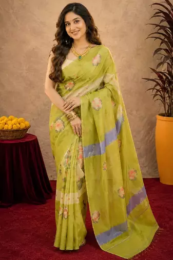 Parrot green linen digital print work saree with unstitched blouse piece