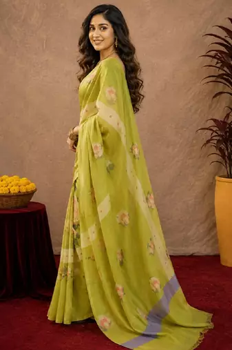 Parrot green linen digital print work saree with unstitched blouse piece