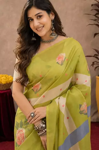 Parrot green linen digital print work saree with unstitched blouse piece