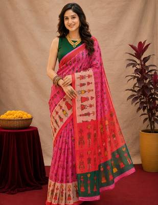 Pink green linen digital print work saree with unstitched blouse piece 1