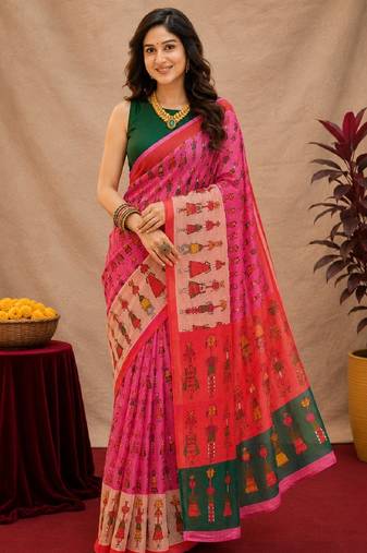Pink green linen digital print work saree with unstitched blouse piece