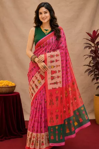 Pink green linen digital print work saree with unstitched blouse piece