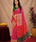 Pink green linen digital print work saree with unstitched blouse piece