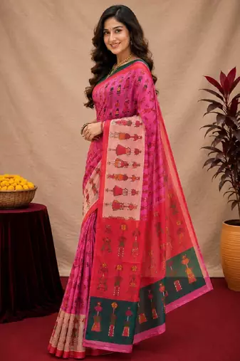 Pink green linen digital print work saree with unstitched blouse piece