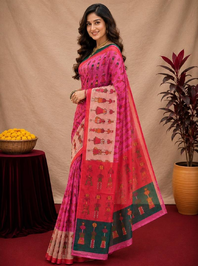 Pink green linen digital print work saree with unstitched blouse piece