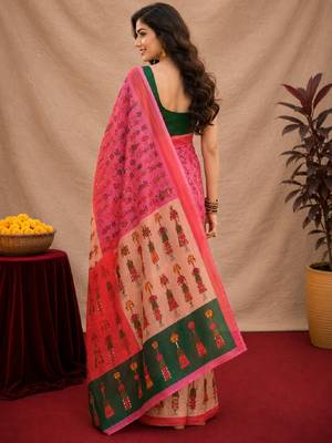 Pink green linen digital print work saree with unstitched blouse piece 3
