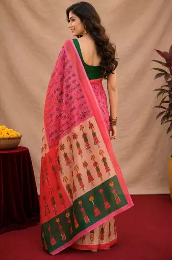 Pink green linen digital print work saree with unstitched blouse piece