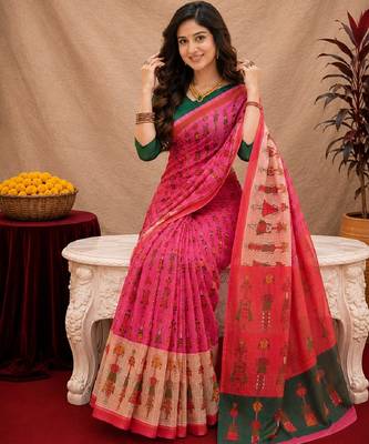 Pink green linen digital print work saree with unstitched blouse piece 4