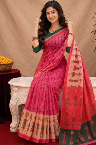 Pink green linen digital print work saree with unstitched blouse piece