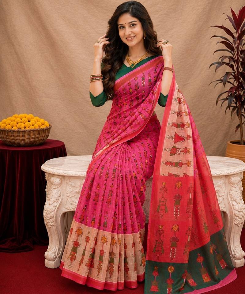 Pink green linen digital print work saree with unstitched blouse piece