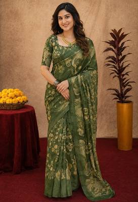 Green linen digital print work saree with unstitched blouse piece 1