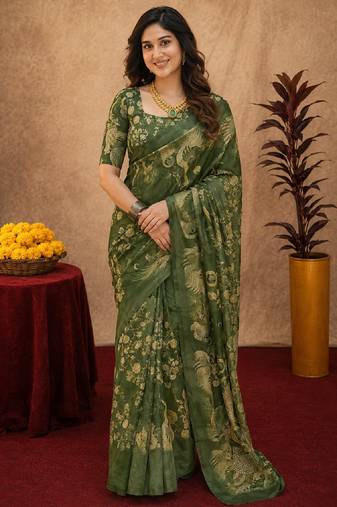Green linen digital print work saree with unstitched blouse piece