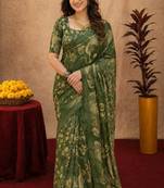 Green linen digital print work saree with unstitched blouse piece