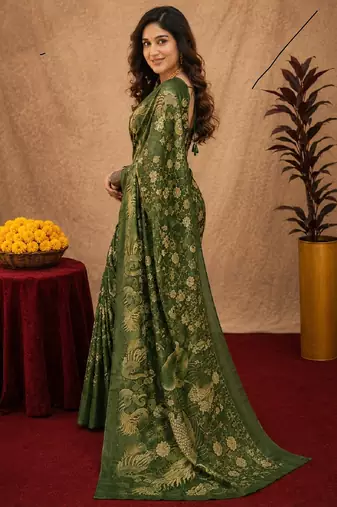 Green linen digital print work saree with unstitched blouse piece