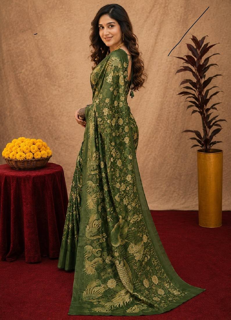 Green linen digital print work saree with unstitched blouse piece