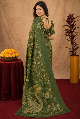 Green linen digital print work saree with unstitched blouse piece 3