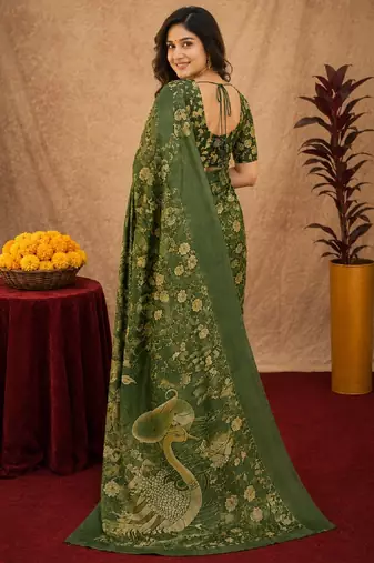 Green linen digital print work saree with unstitched blouse piece
