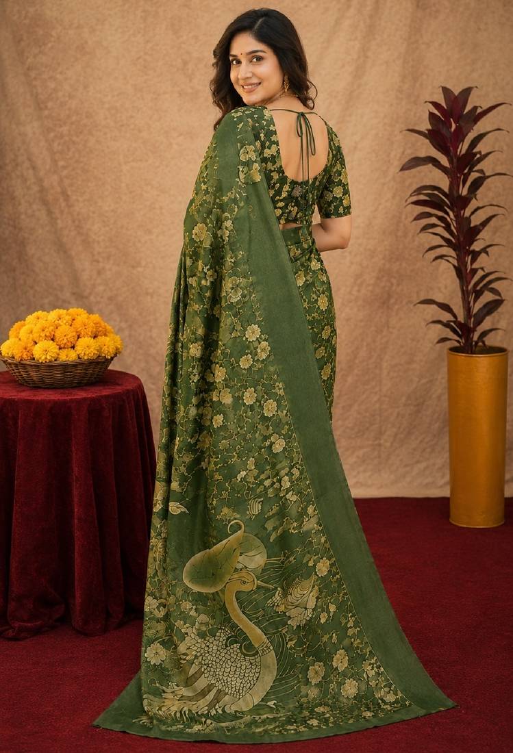 Green linen digital print work saree with unstitched blouse piece