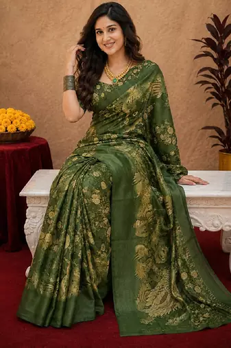 Green linen digital print work saree with unstitched blouse piece