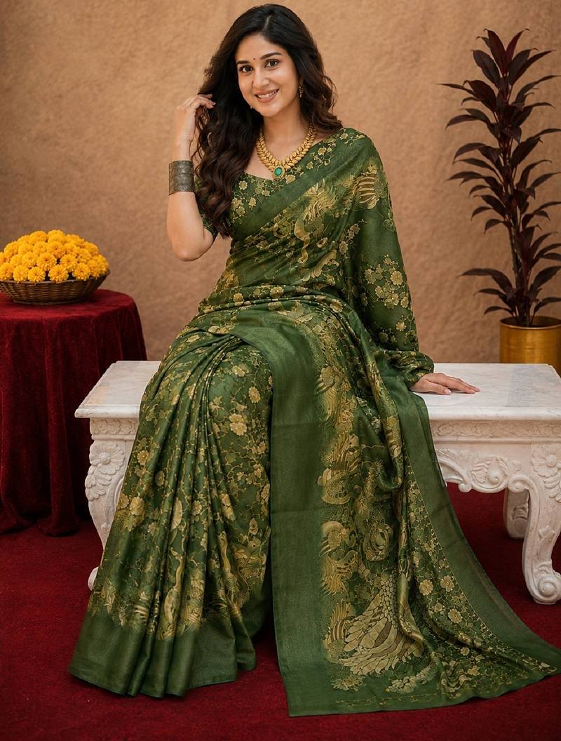 Green linen digital print work saree with unstitched blouse piece