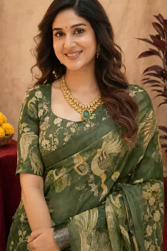 Green linen digital print work saree with unstitched blouse piece