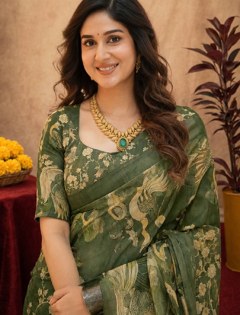 Green linen digital print work saree with unstitched blouse piece