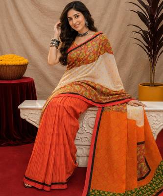 White orange linen digital print work saree with unstitched blouse piece 1