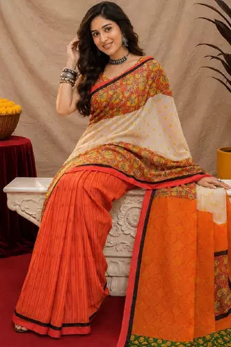 White orange linen digital print work saree with unstitched blouse piece