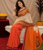 White orange linen digital print work saree with unstitched blouse piece