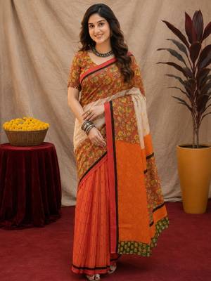 White orange linen digital print work saree with unstitched blouse piece 2