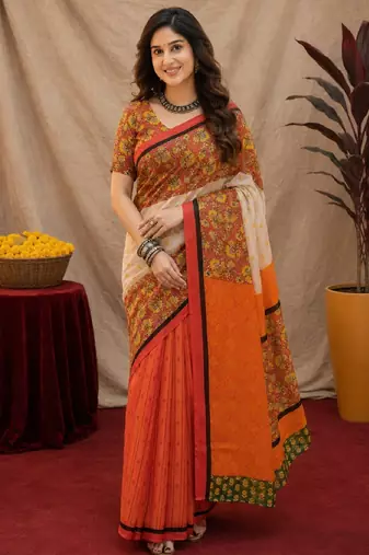 White orange linen digital print work saree with unstitched blouse piece
