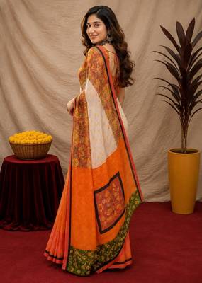 White orange linen digital print work saree with unstitched blouse piece 3